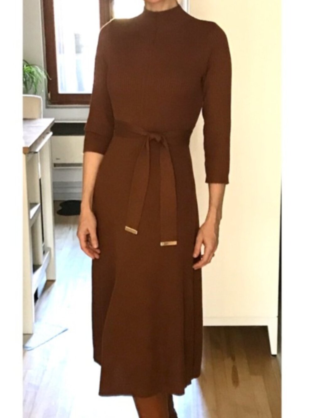 Calvin Klein Cinnamon Ribbed Knit Mock Neck Midi Dress Small - Pristine